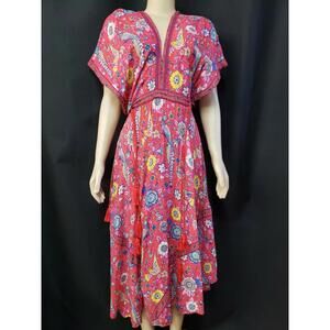 R.Vivimos Women's Retro Red Floral W Tassels Bohemian Midi Dress Sz L 12-14 #CB5